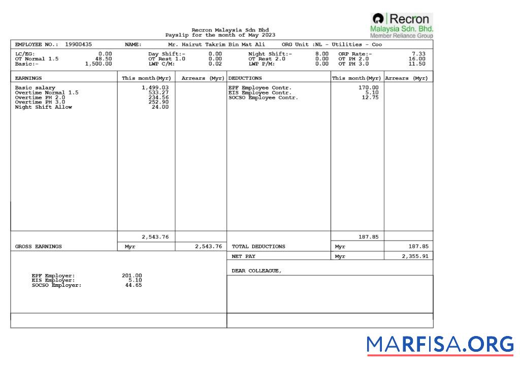 Blank Recron Malaysia payslip download for verification